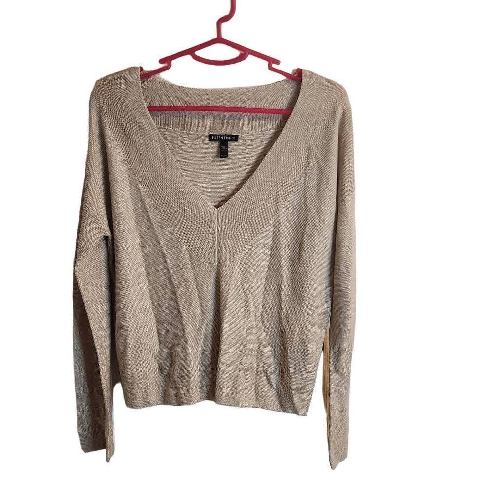 Eileen Fisher Women's Knitted V-neck Long Sleeve Pullover Sweater Tan Size XS